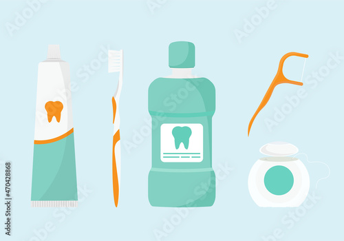 Dental hygiene. Oral cavity care products. Toothpaste, toothbrush, mouthwash, dental floss.