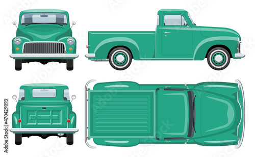 Vintage pickup truck vector template with simple colors without gradients and effects. View from side, front, back, and top photo