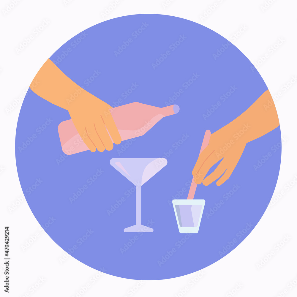 Alcoholism concept. The hands of the bartender make an alcoholic cocktail. Liquor bottle, glass and glass. Vector flat. Alcoholism concept. The hands of the bartender make an alcoholic cocktail. Liquor bottle, glass and glass. Vector flat.