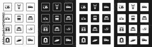 Set Car, Train and railway, Tram, Rv Camping trailer, Scooter, Rafting boat and Delivery cargo truck icon. Vector