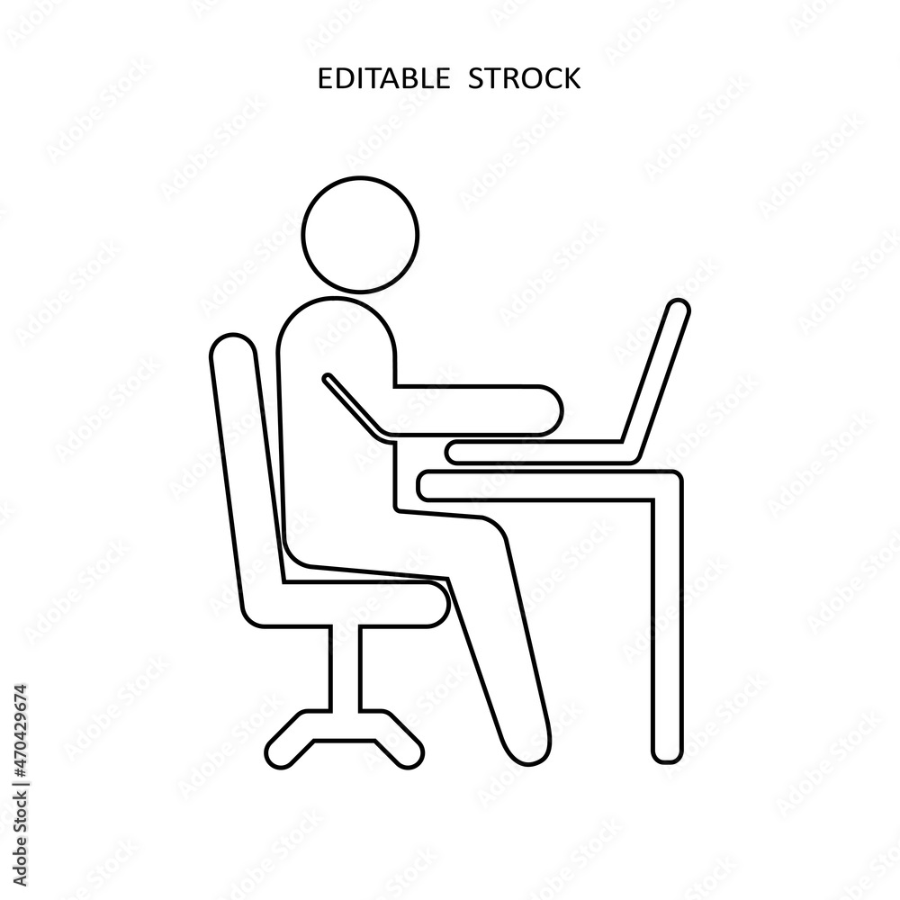 Office worker vector icon isolated on white background. Working place at the table with a laptop. Flat work computer icon Office worker vector icon isolated on white background. Working place at the table with a laptop. Flat work computer icon