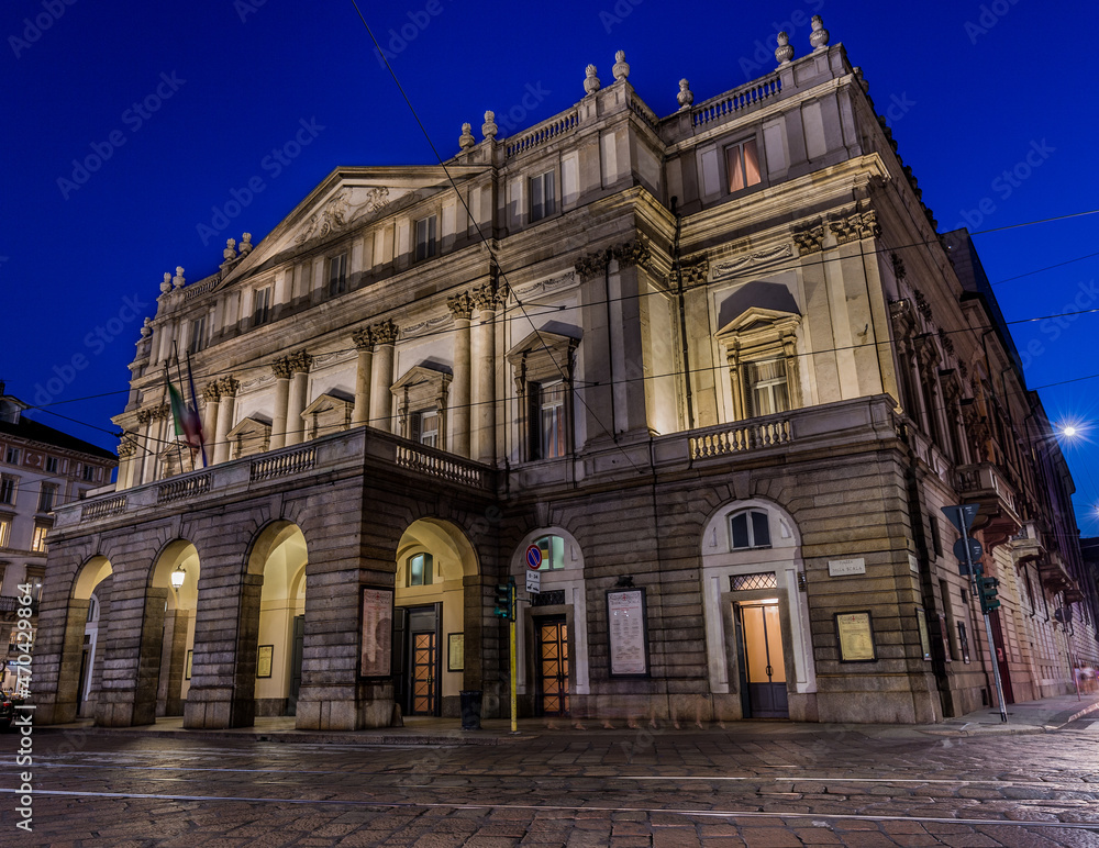 Theatre La Scala in Milan, Italy, by night. One of the most famous Italian buildings - 1778.
