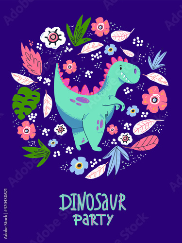 Cute cartoon little dinosaur - vector illustration card. Dinosaur party. Cute simple dino -Great for designing baby clothes.