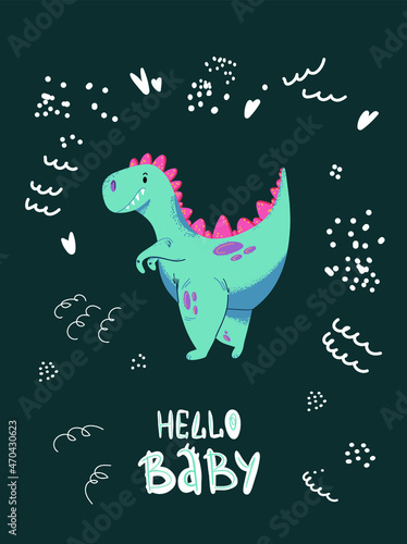 Cute cartoon little dinosaur - vector illustration. Cute simple dino cartoon, hello baby postcard-Great for designing baby clothes.