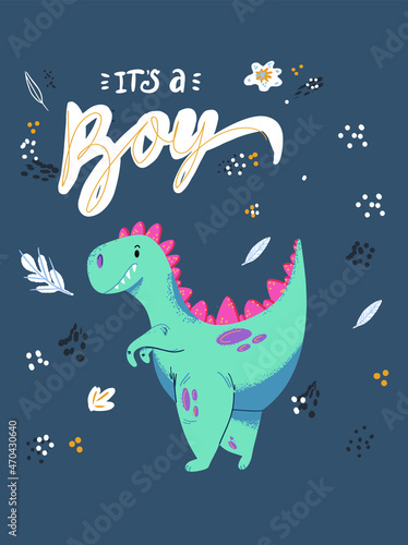 Cute cartoon little dinosaur - vector illustration. Cute simple dino , its a boy postcard-Great for designing baby clothes.