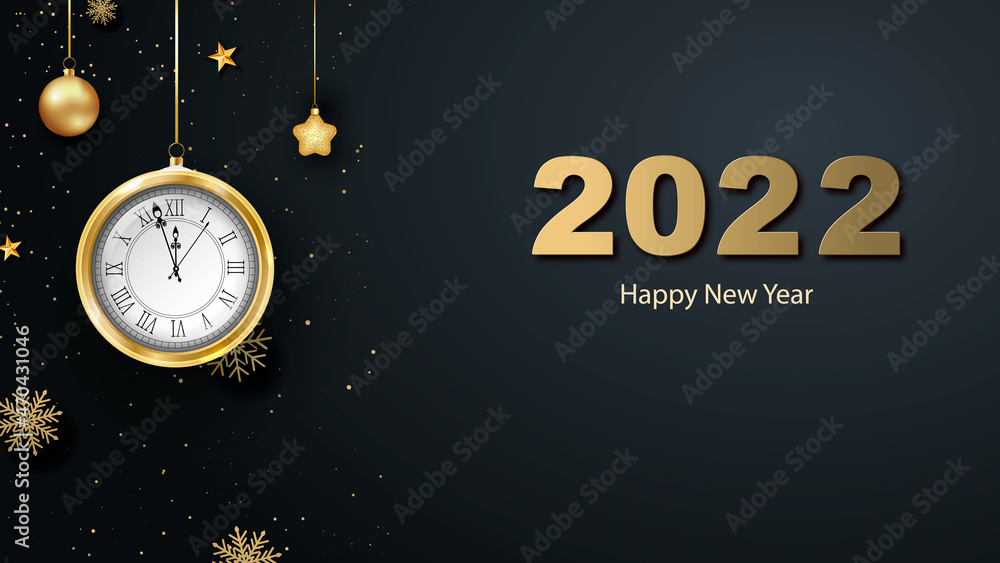 Postcard, invitation Happy New Year 2022 and Merry Christmas. Clock, golden numbers, metallic golden Christmas balls, decoration, shimmer, shiny confetti on a black background. Vector