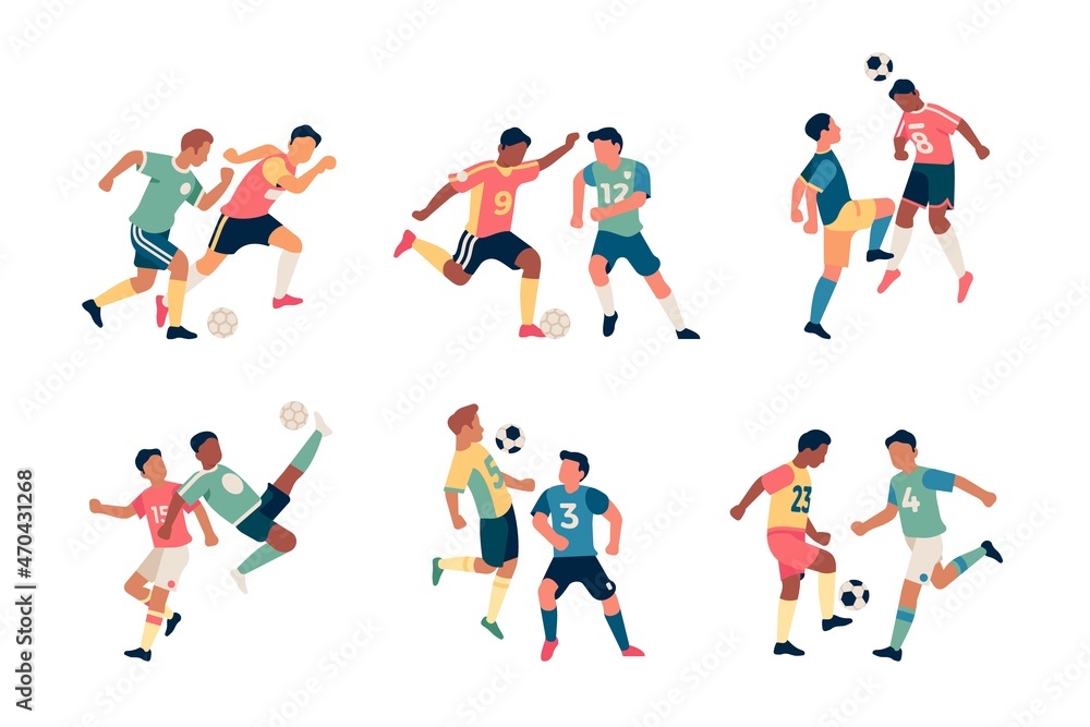 Fighting soccer players. Athletes dynamic poses, active struggle for ball, attempt kicking, football game moments, sport actions, goalkeeper sports uniform vector set