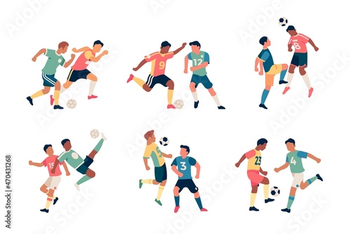 Fighting soccer players. Athletes dynamic poses  active struggle for ball  attempt kicking  football game moments  sport actions  goalkeeper sports uniform vector set