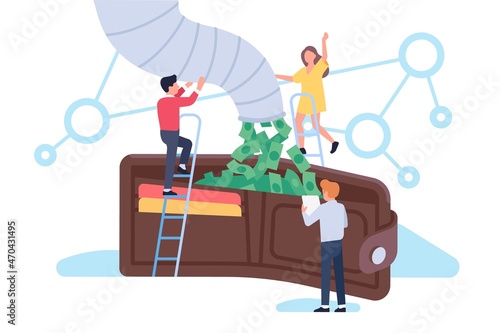 People with money. Vacuum cleaner absorbs banknotes from wallet. Transfers and inflation take finance. Tiny characters with falling dollars from hose. Wealthy men and woman. Vector concept