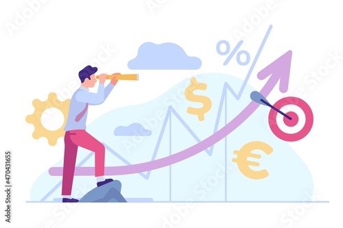 See future. Man with telescope looks into distance. Businessman finding goal or path. Growing schedules. Successful startup. Financial investment perspective infographic. Vector concept
