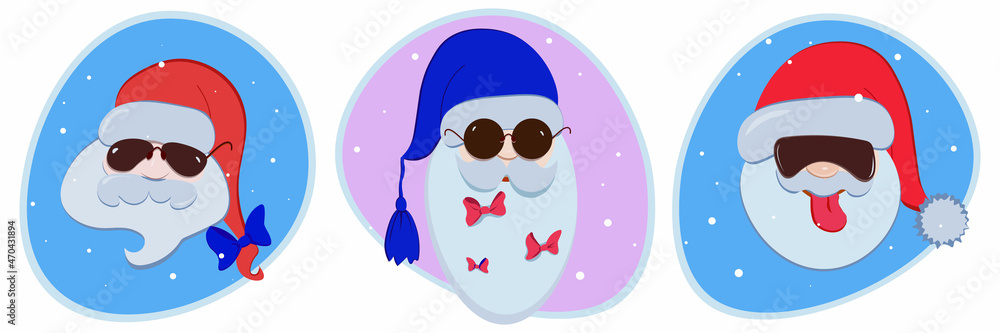Stickers with Santa in sunglasses on a blue and purple background. Bows from ribbons in the beard Stickers with Santa in sunglasses on a blue and purple background. Bows from ribbons in the beard
