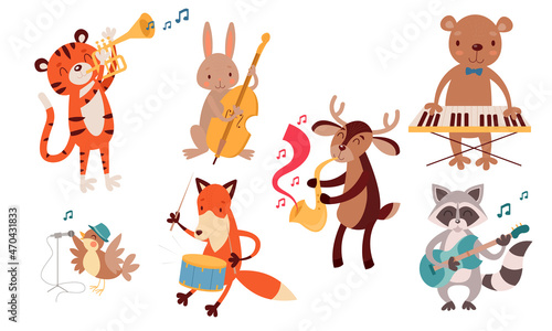 set of illustrations with cute animals playing various instruments in a jazz band. Tiger, hare, bear, fox, deer, raccoon and bird. Guitar, drums, trumpet, double bass, vocals, saxophone. Vector illust