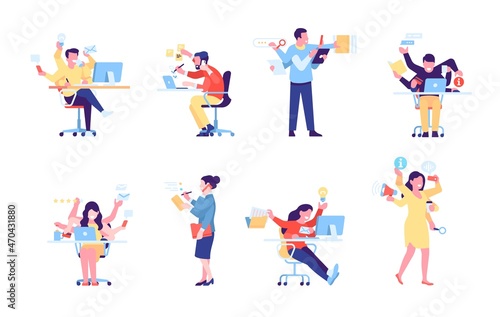Multitasking people. Office employees with multiple hands and productive business professionals set