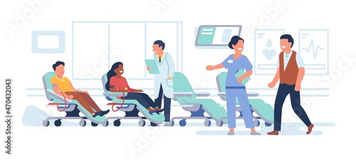 Donor room. Laboratory blood and plasma collection, medical chairs with people, doctors and nurses help volunteers, humanitarian help and charity, donation vector cartoon flat isolated set