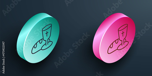 Isometric line Goblet and bread icon isolated on black background. Bread and wine cup. Holy communion sign. Turquoise and pink circle button. Vector