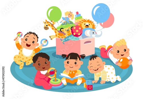 Kids play toys. Children with box for rattle, cubes and pyramid. Funny toddlers group. Little boys and girls activity. Kindergarten playground. Nursery leisure. Vector childhood concept
