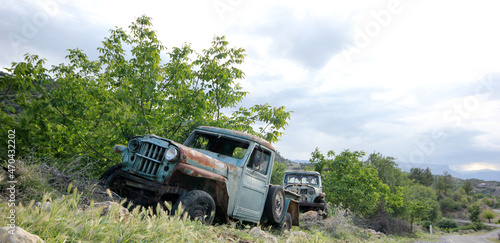 old abandoned pickup truck in the meadow