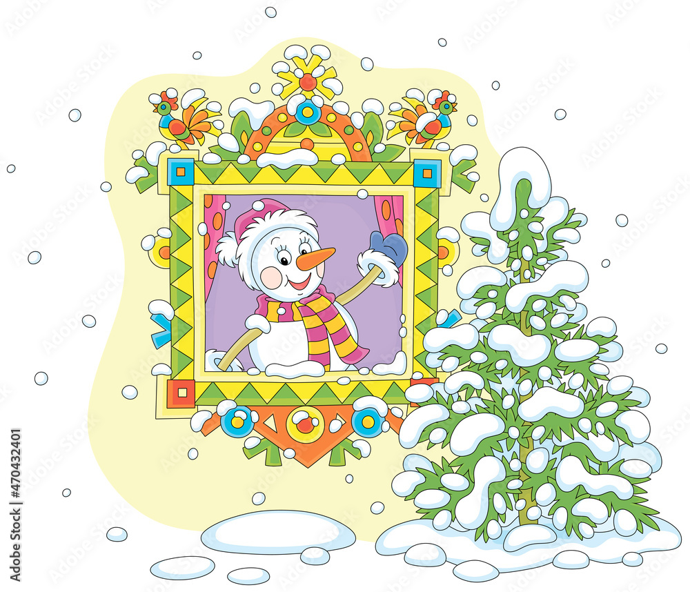 Obraz premium Funny toy snowman friendly smiling, looking out of a colorfully decorated wood window and waving its hand in greeting, vector cartoon illustration isolated on white