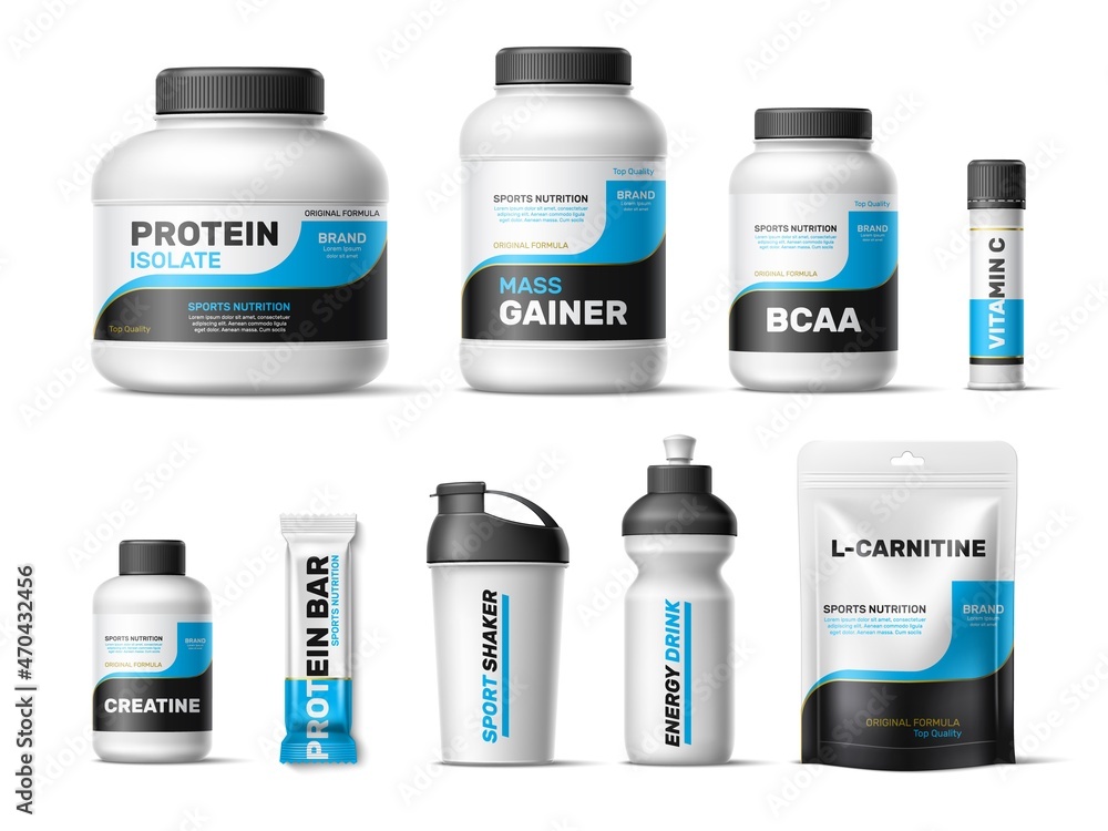 Sport nutrition labels. Realistic whey protein package design, vitamins, powder, protein bar wrapper, fitness shaker and bottle, workout food white with black lid, vector set ベクター | Adobe Stock