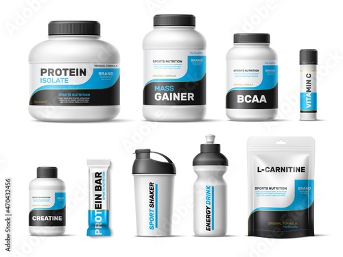 Sport nutrition labels. Realistic whey protein package design, vitamins, powder, protein bar wrapper, fitness shaker and bottle, workout food white containers with black lid, vector set