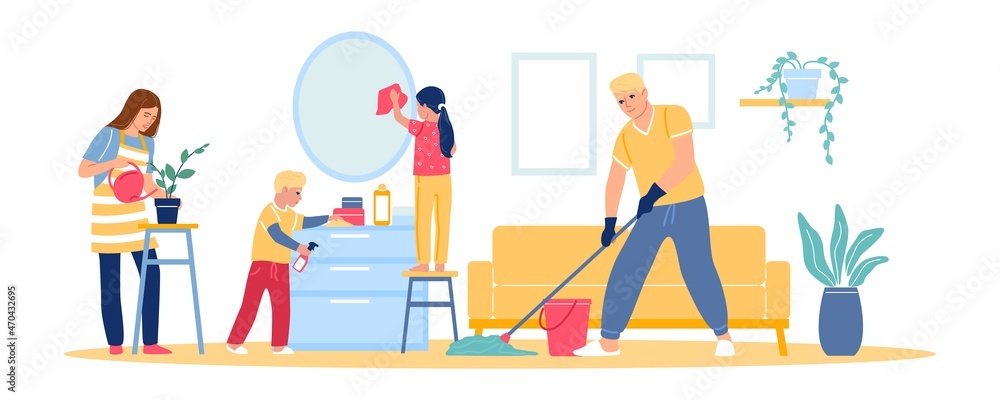 Family cleans at home. Mother, father, and kids clean up room. Couple with children do chores. People vacuuming and mopping. Persons washing or dusting furniture. Vector housekeeping Family cleans at home. Mother, father, and kids clean up room. Couple with children do chores. People vacuuming and mopping. Persons washing or dusting furniture. Vector housekeeping