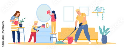 Family cleans at home. Mother, father, and kids clean up room. Couple with children do chores. People vacuuming and mopping. Persons washing or dusting furniture. Vector housekeeping