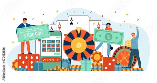Casino gambling people. Business or entertainment. Profitable industry. Lottery winner. Player characters with winning money. Gamblers play poker and roulette. Fortune wheel. Vector concept