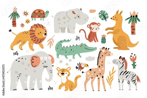 Cute safari elements. Funny exotic animals, plants and leaves, kids jungle characters, trees and palms, childish africaine savannah fauna vector set