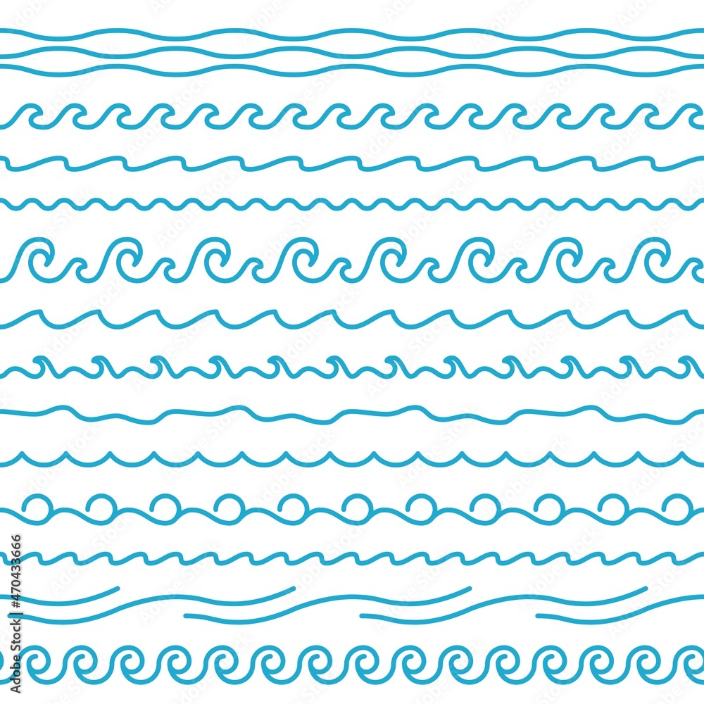 Seamless wavy lines borders. Smooth curves shapes, soft and twisted and spiral elements, water surface symbols, blue squiggles, ocean abstract symbols. Minimal aqua ornament vector set Seamless wavy lines borders. Smooth curves shapes, soft and twisted and spiral elements, water surface symbols, blue squiggles, ocean abstract symbols. Minimal aqua ornament vector set
