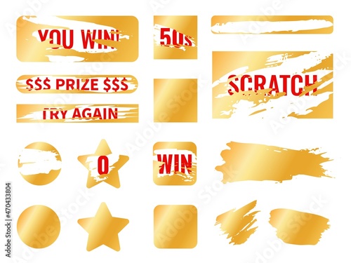 Golden scratch card. Lottery tickets protective layers, different shapes surfaces for erasing, gambling card, instant win coupon, promotional stickers, gold glossy metal, vector isolated set