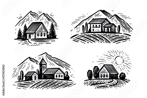 Farm emblem set. Rural landscape with houses and fields. Vineyard vector illustration