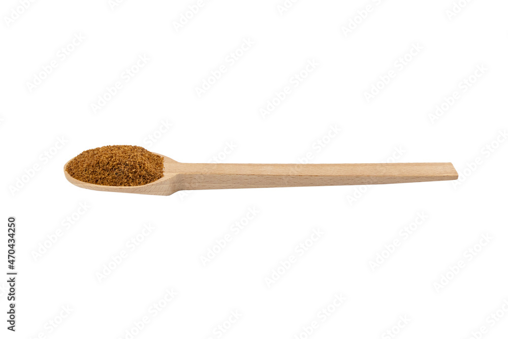 coconut sugar on wooden spoon isolated on white background. Spice and food ingredients. coconut sugar on wooden spoon isolated on white background. Spice and food ingredients.