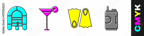 Set Rafting boat, Martini glass, Rubber flippers and Soda can icon. Vector