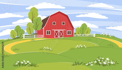 Farm with landscape. Summer green meadows.Vector illustration