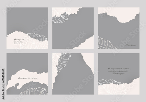 Trendy minimal editable template for social media stories and posts. Ripped torn paper texture and floral shapes in nude color. Vector illustration for beauty and fashion content