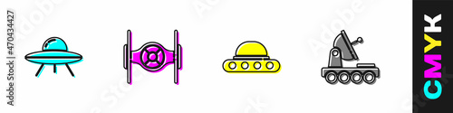 Set UFO flying spaceship, Cosmic, and Mars rover icon. Vector