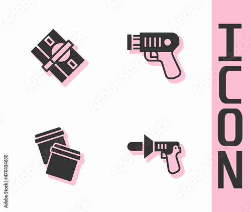 Set Police megaphone, Stacks paper money cash, Plastic bag with ziplock and electric shocker icon. Vector