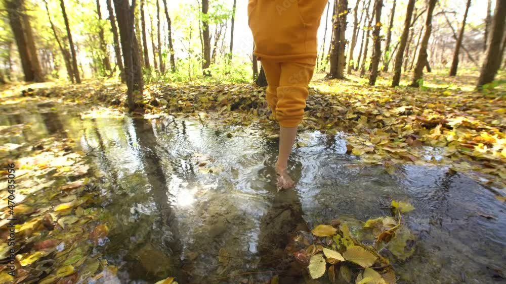 Child with bare feet crosses a stream in a beautiful sunny autumn Child with bare feet crosses a stream in a beautiful sunny autumn
