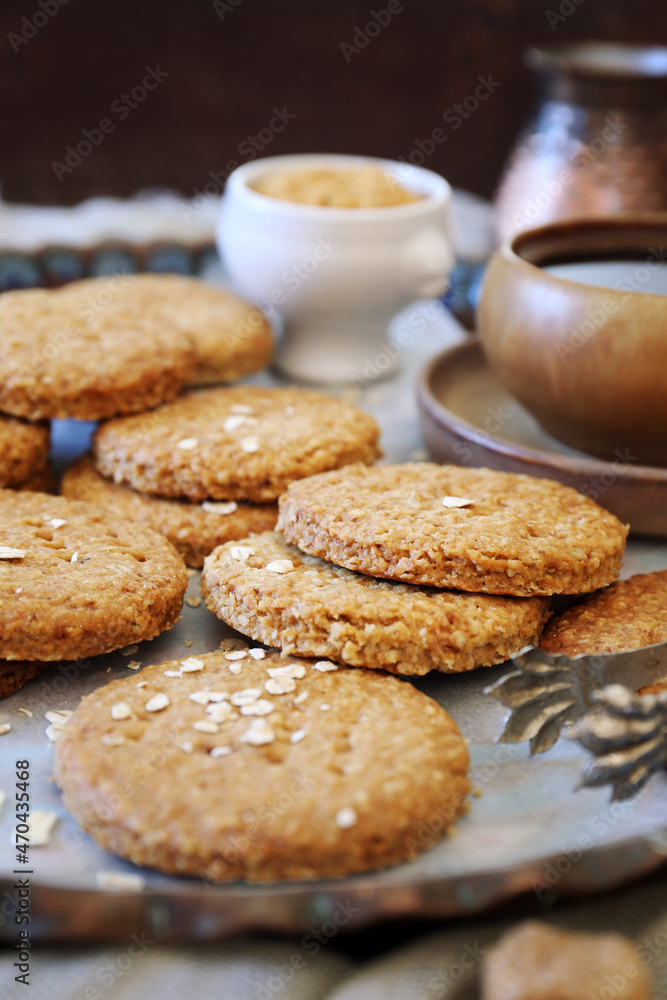Crispy oatmeal cookies , cezve and cup of coffee for coffee break