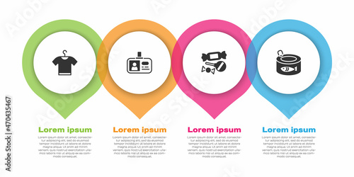 Set T-shirt, Identification badge, Candy and Canned fish. Business infographic template. Vector