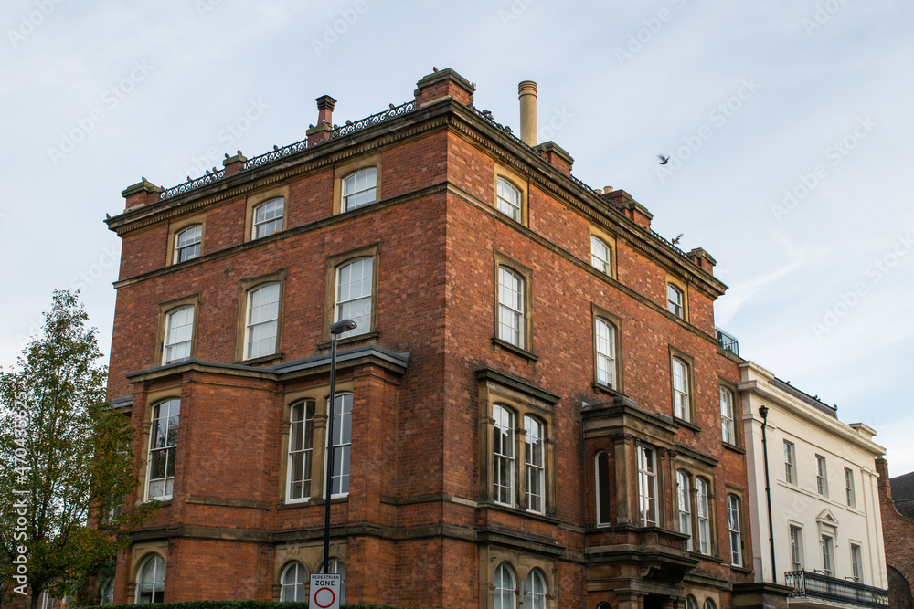 Facade of Victorian style brick building in York England