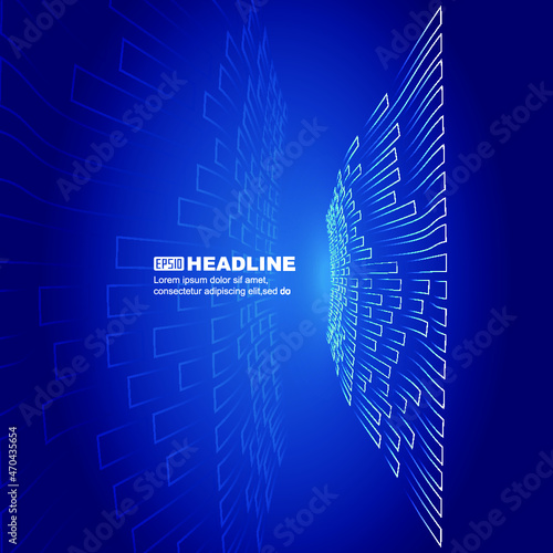The blue square waveform extends forward with a technological spatial background