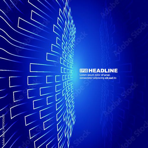 The blue square waveform extends forward with a technological spatial background