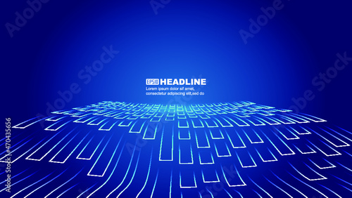 The blue square waveform extends forward with a technological spatial background