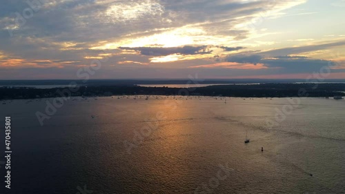 Time lapse. Aerial view of Claiborne Pell suspension bridge in Newport, Rhode Island at sunset from Goat Island. photo