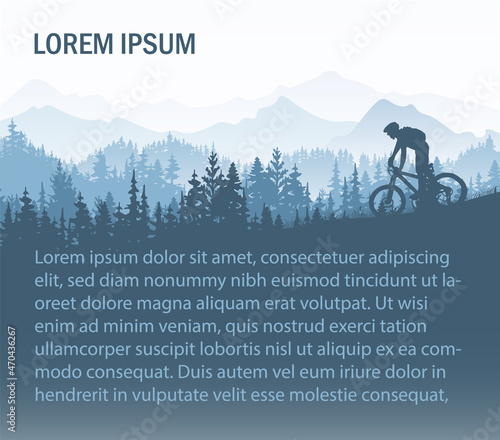 Silhouette of landscape with mountain bike rider. Horizontal card with text. Blue illustration, forest, mountains. Banner.