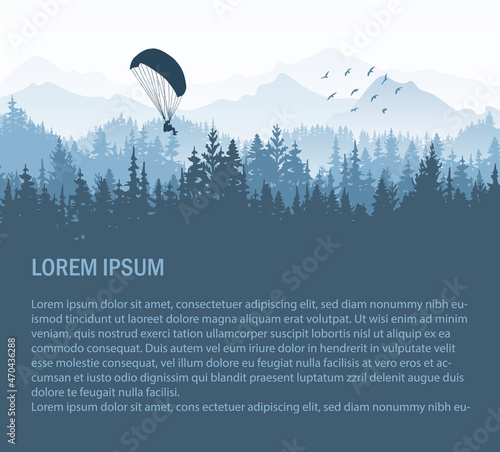 Silhouette of landscape with paraglider. Horizontal card with text. Blue vector illustration, forest, mountains. 