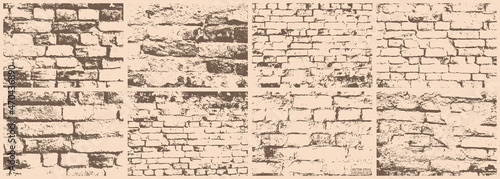 Brick wall texture grunge set. Architecture, construction, building backdrop. Bricks, cement, concrete. Stonewall grunge vector backgrounds. Rough grungy textures collection.