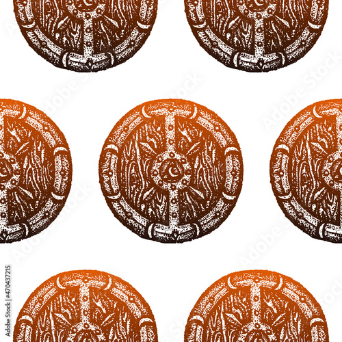 Dotwork Armor Shield Seamless Pattern. Vector Illustration of Hand Drawn Design.