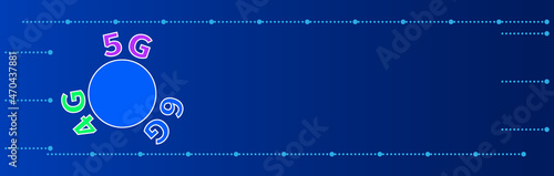 4G 5G 6G symbols on circle background. Telecommunication data transmission technologies for web design. Horizontal blue banner. Place for your text. Light blue dotted signal lines in graphic style.